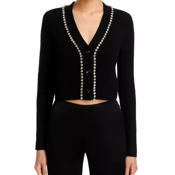 Aqua Black Cashmere V-Neck Cardigan with Rhinestone Trim - Picture 4 of 9